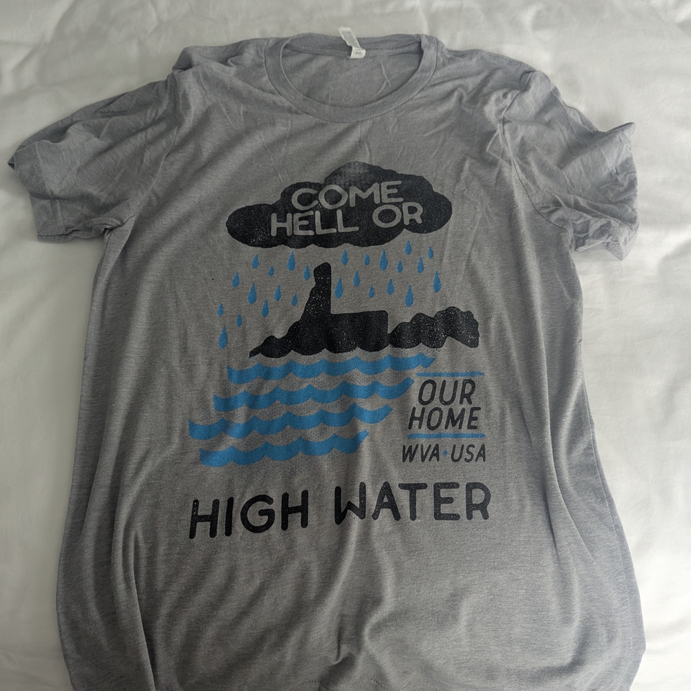 Gray Graphic T-Shirt with Blue and Black Print